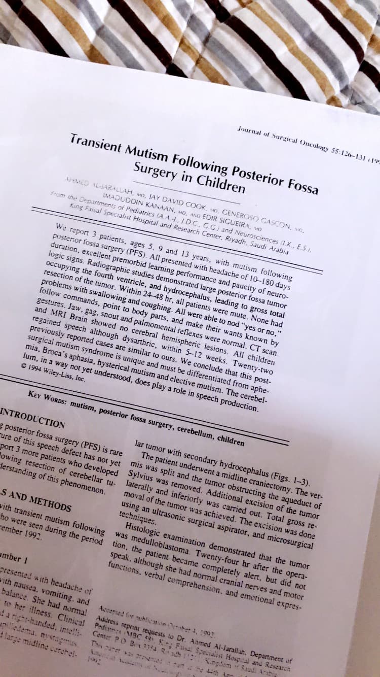 بحث «الخَرَس العابر بعد جراحة الحفرة الخلفية لدى الأطفال» — Journal of Surgical Oncology